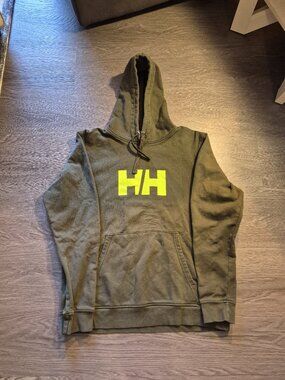 Helly Hansen HH Logo Hoodie Men's Large Olive Green Neon Yellow